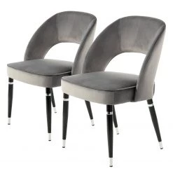 Kayoom Chaises capitonnées Courtney (lot de 2) - Velours / Partiellement en eucalyptus massif - Gris / Argenté