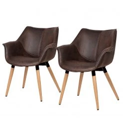 Ars manufacti Chaise à accoudoirs Kantii I - Microfibre / Chêne massif - Marron foncé vintage - Lot de 2